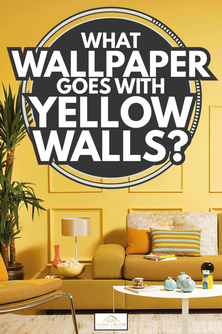 modern living room yello wall with plant couch pillow table and seat. What Wallpaper Goes With Yellow Walls