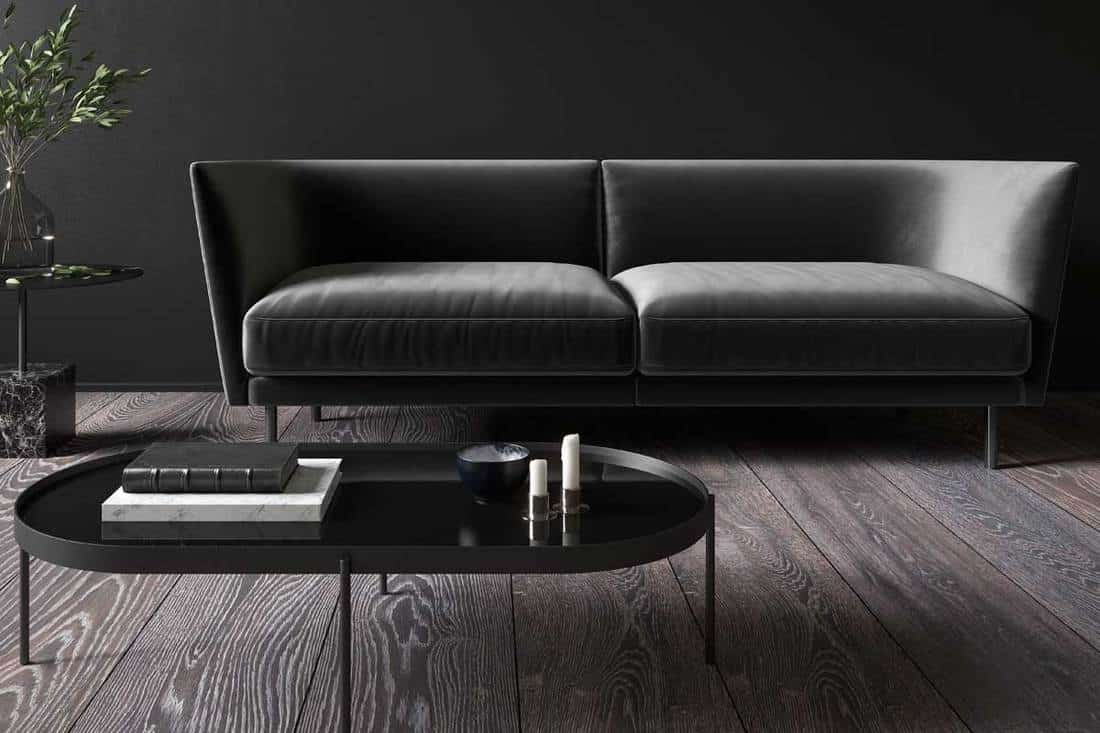 A black minimalistic interior with couch and coffee table, What Color Coffee Table Goes With A Black Couch?