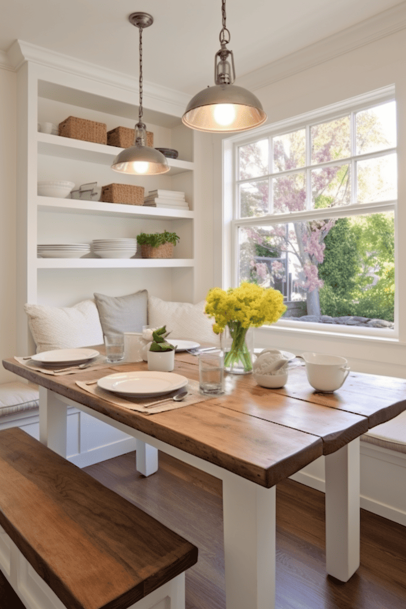 Charming breakfast nook with built-in benches and a rustic table, reminiscent of a picnic in the park. 