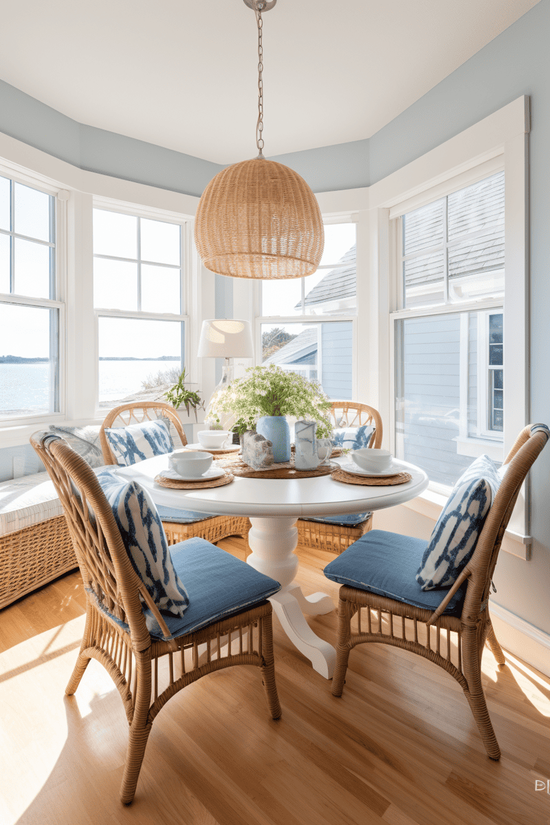 Coastal-inspired breakfast nook with a beach house vibe. Cool, nautical feel with lots of blue tones. Casual, woven chairs for a laid-back atmosphere. 