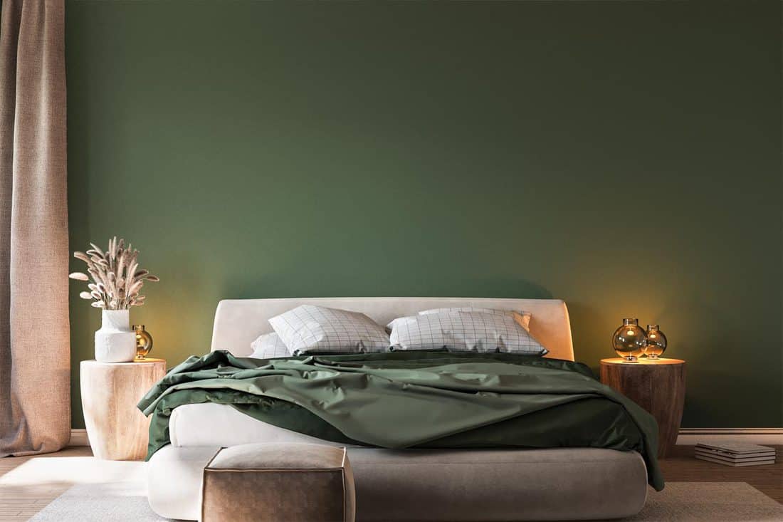 Cozy green bedroom with bright furniture natural wooden table, 11 Green Bedroom Color Scheme Ideas
