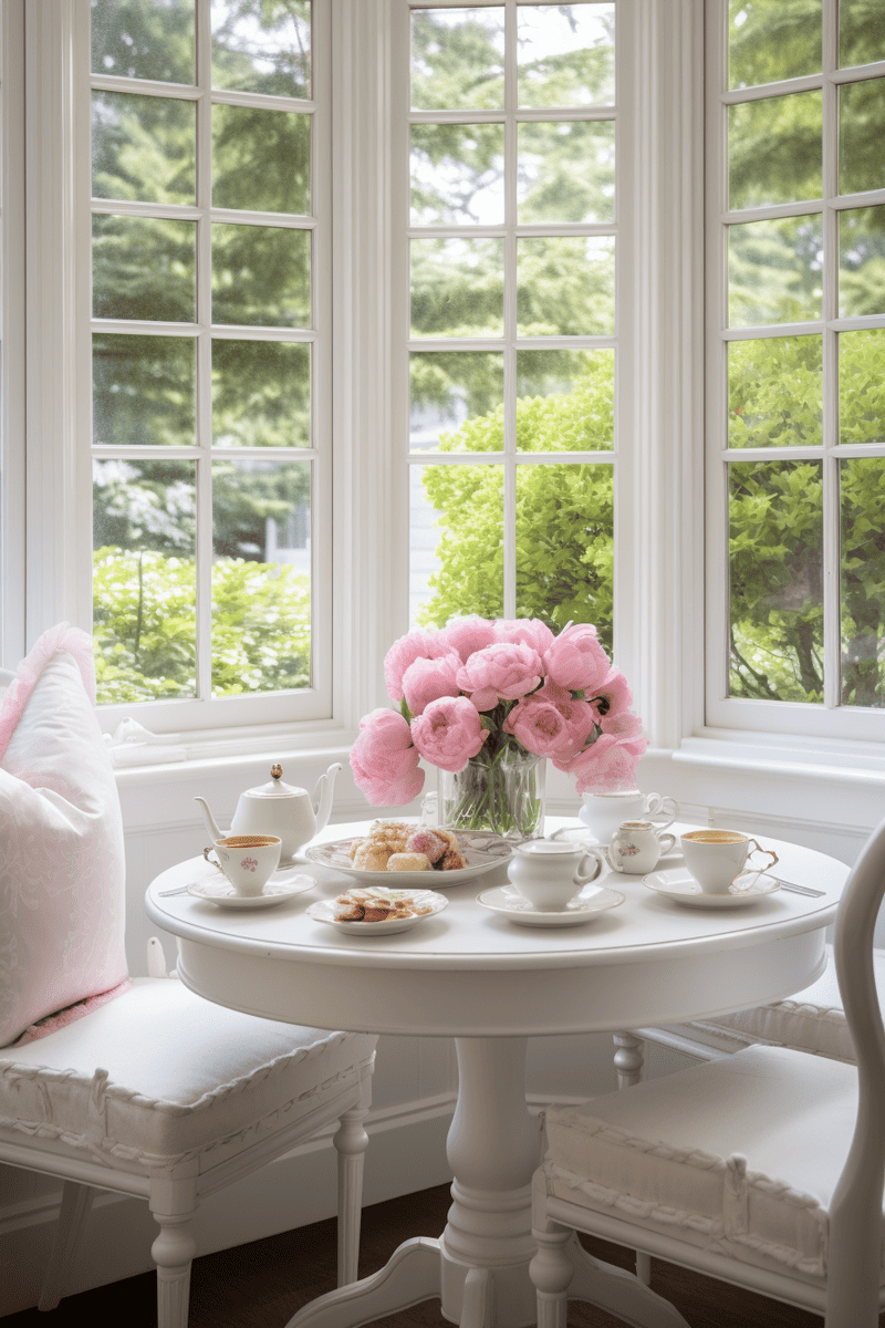  English garden-inspired breakfast nook with delicate sophistication. All-white walls and dinette set create an elegant ambiance.