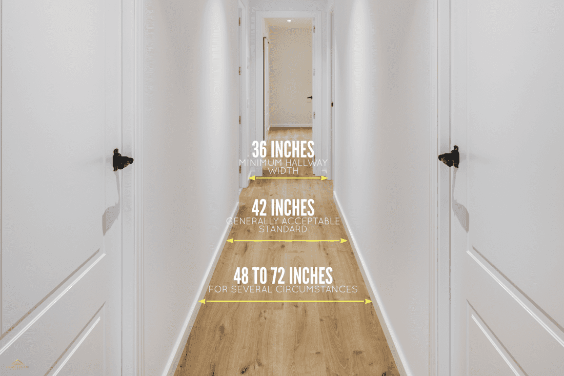 A long white hallway with laminated flooring and white doors, How Wide Should A Hallway Be?