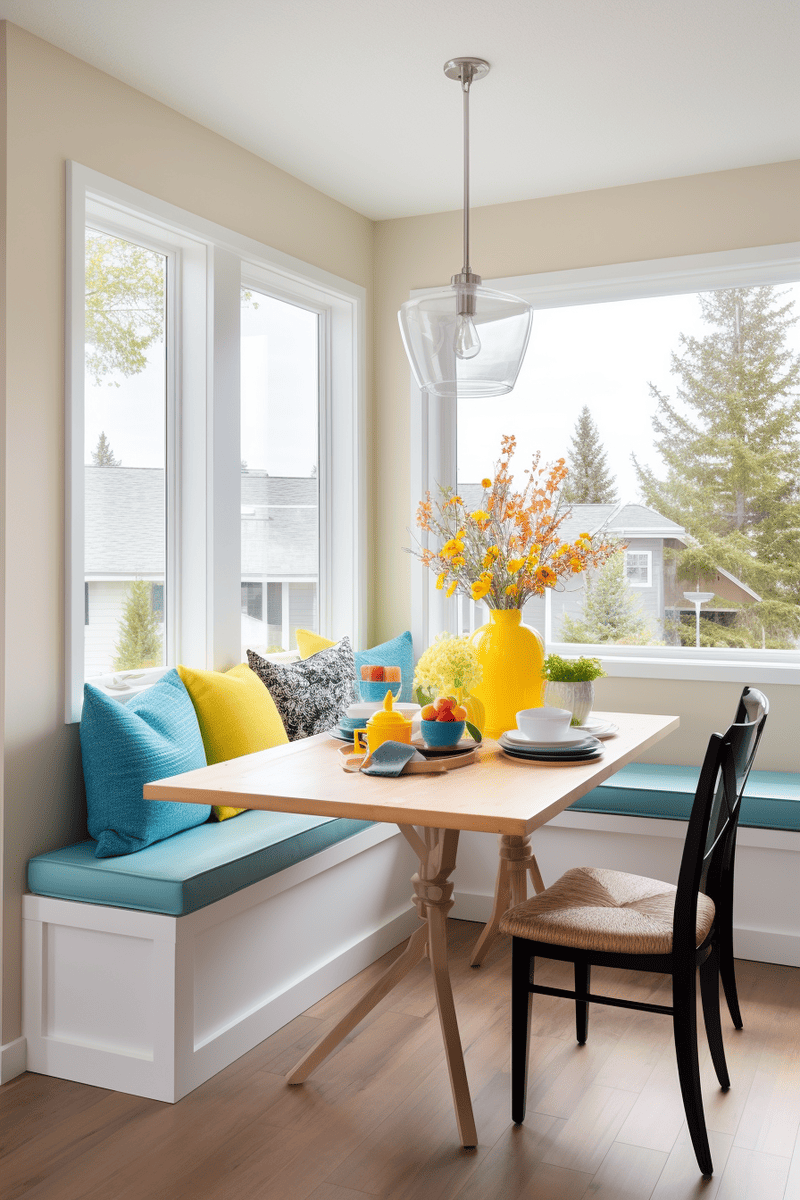 Hyperrealistic breakfast nook flooded with light. Banquette under large windows, bold-colored throw pillows, and cube-shaped stools evoke a summertime feel.