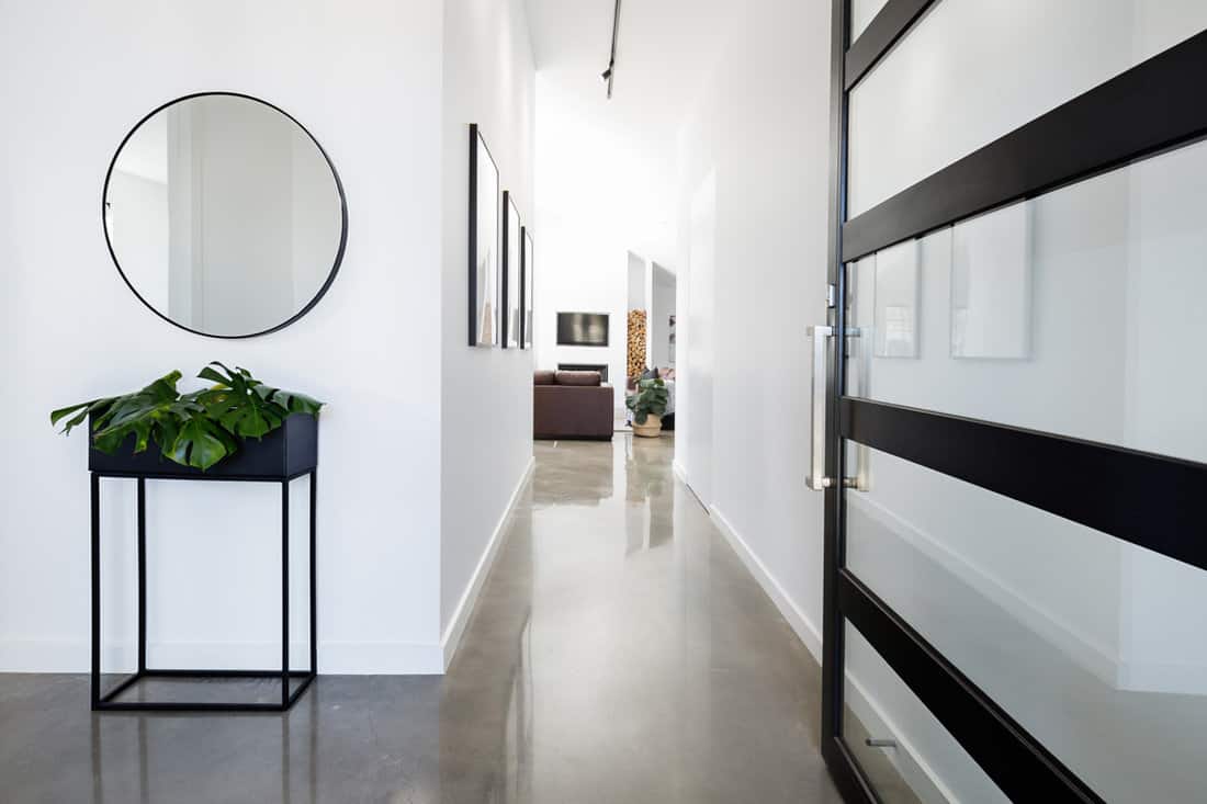 Luxurious hallway with marble flooring, white painted walls and plants scattered around
