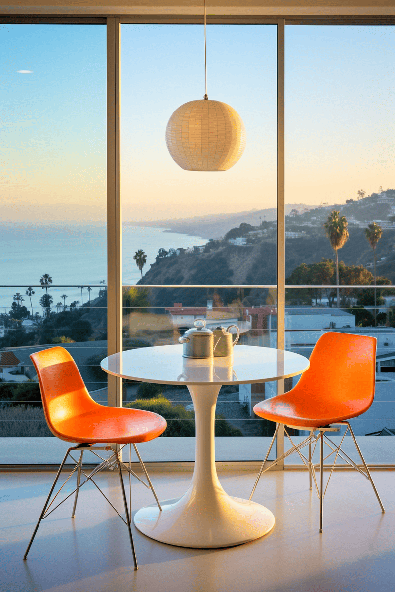  Minimalist breakfast nook with breathtaking views. Simple decor allows the bold color of the chairs to add pizazz and vibrancy.