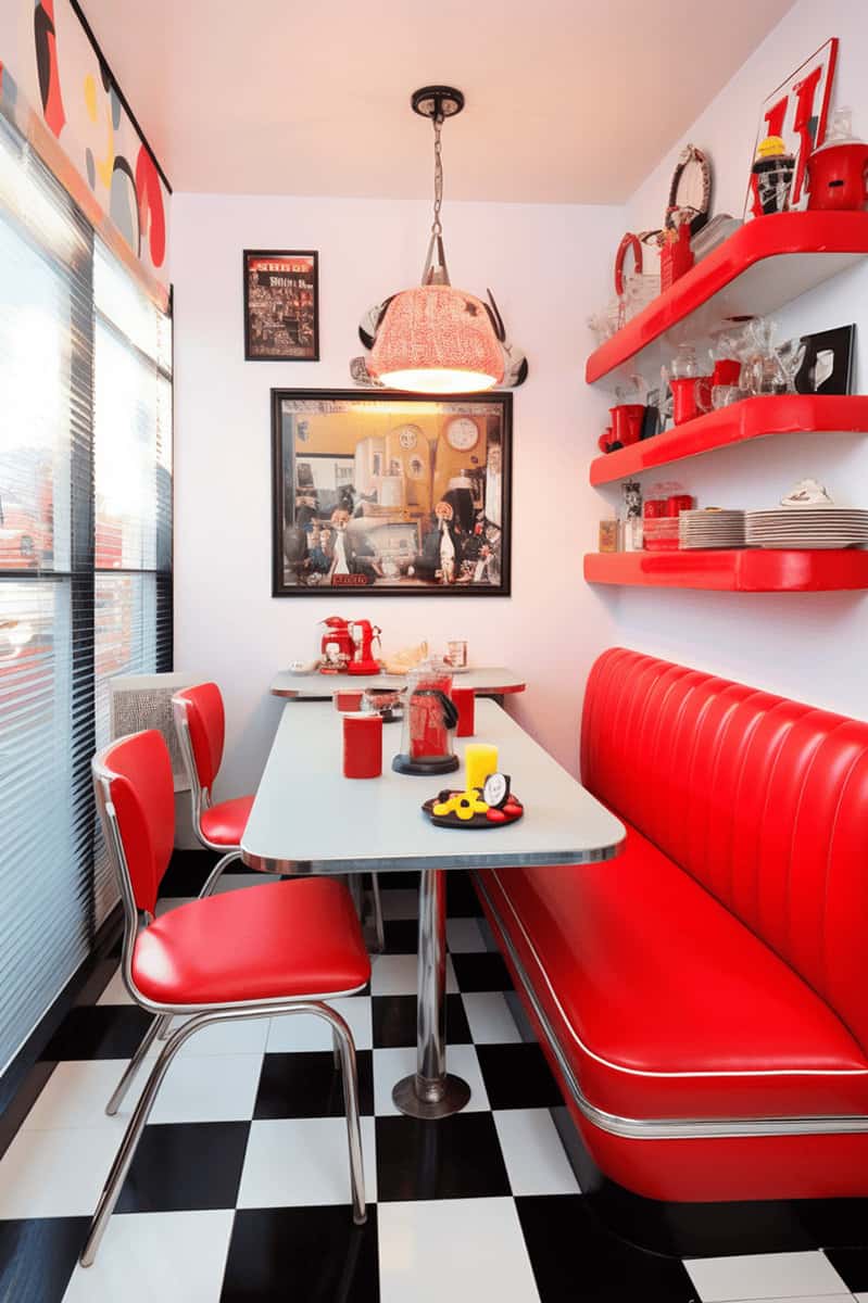 Retro 50s diner-inspired breakfast nook with black and white flooring, red-topped metal table, and matching throw pillows.