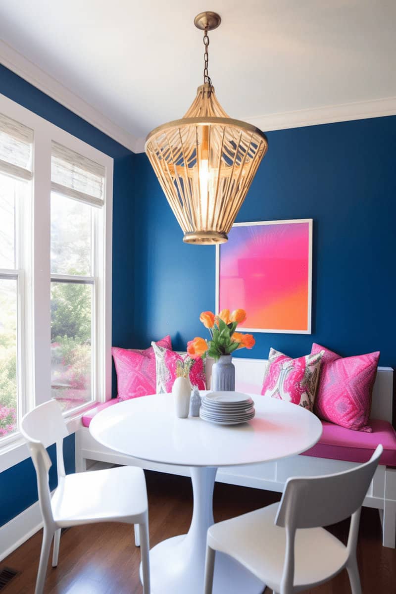 Sensational breakfast nook with a burst of bold, colorful vibes. Perfectly balanced blue and pink hues complement the white table and banquette.