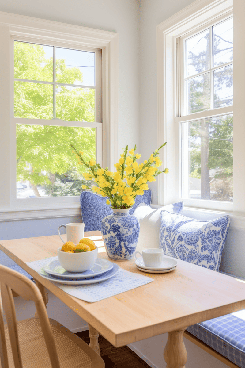 Simple and charming breakfast nook with a light wood table, chairs, and a cute bench under the window. 