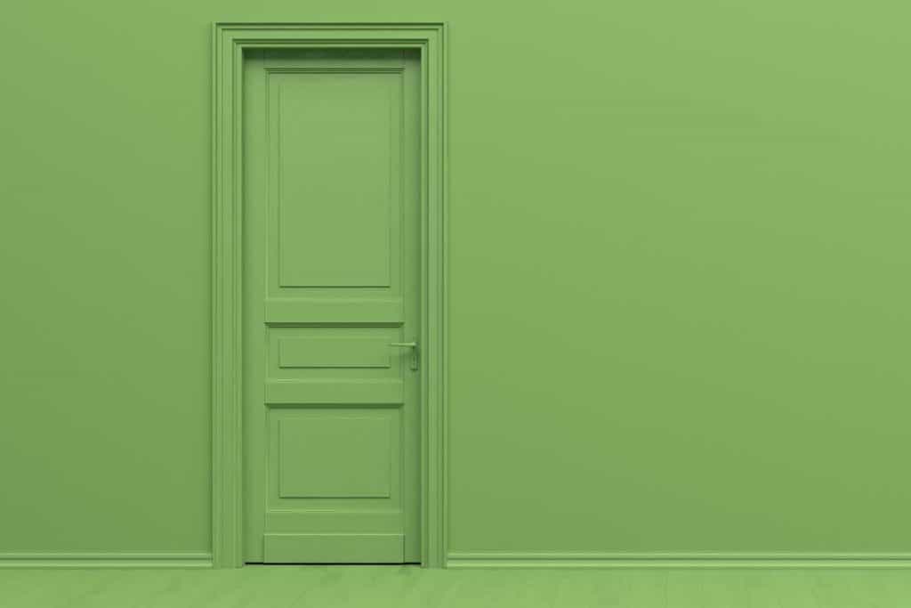 Interior of a room in plain monochrome green color with single door