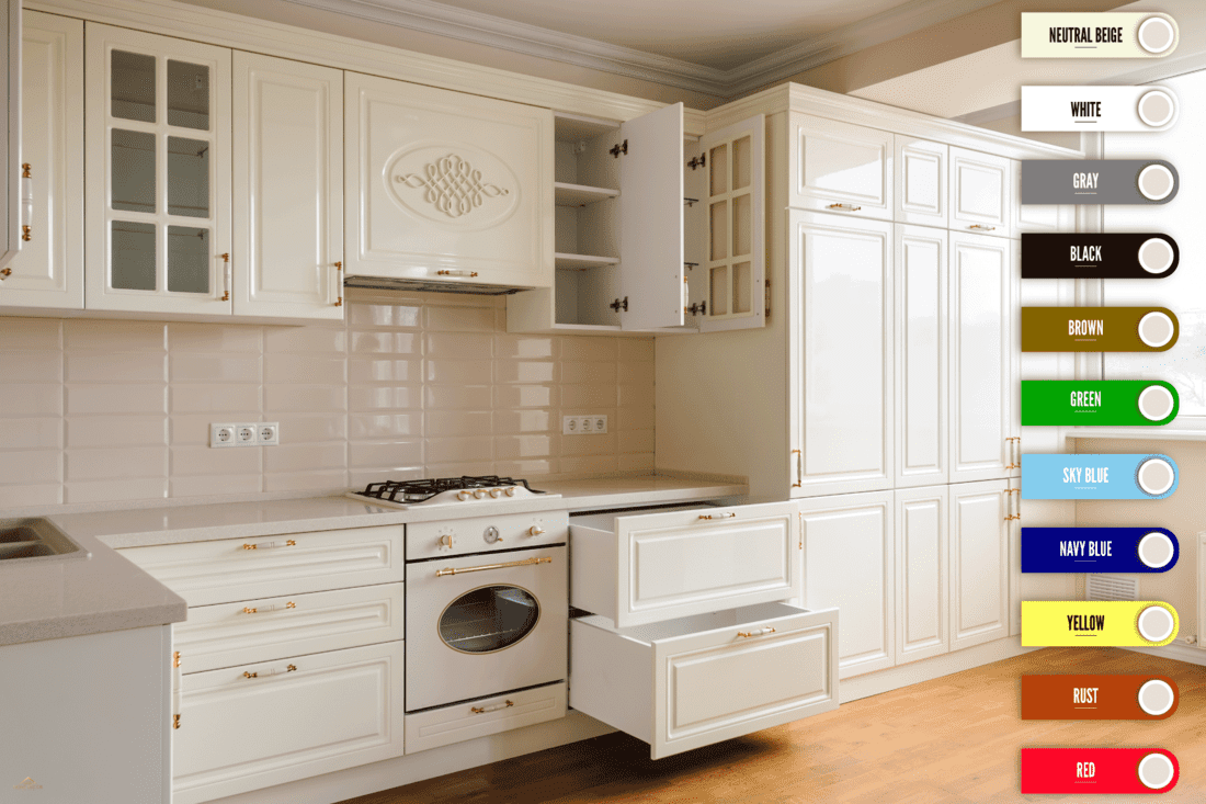 Cream cabinets of a kitchen with white countertops and wooden flooring, What Color Walls Go With Cream Cabinets?