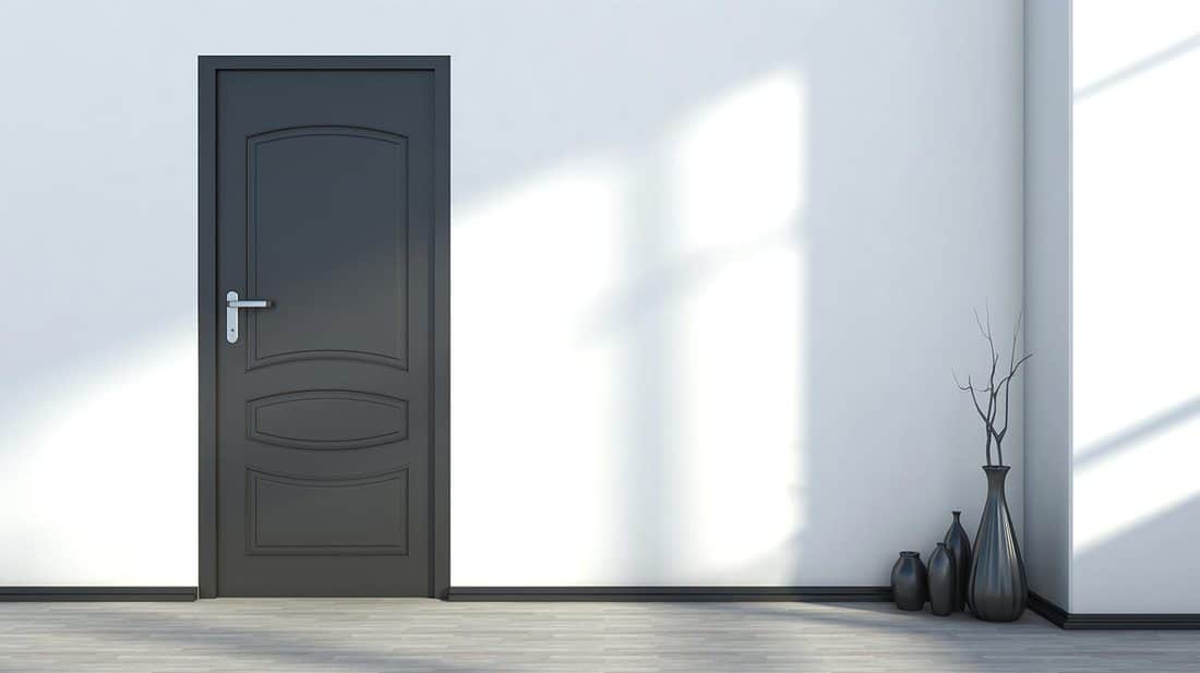White empty room with a black door and vase