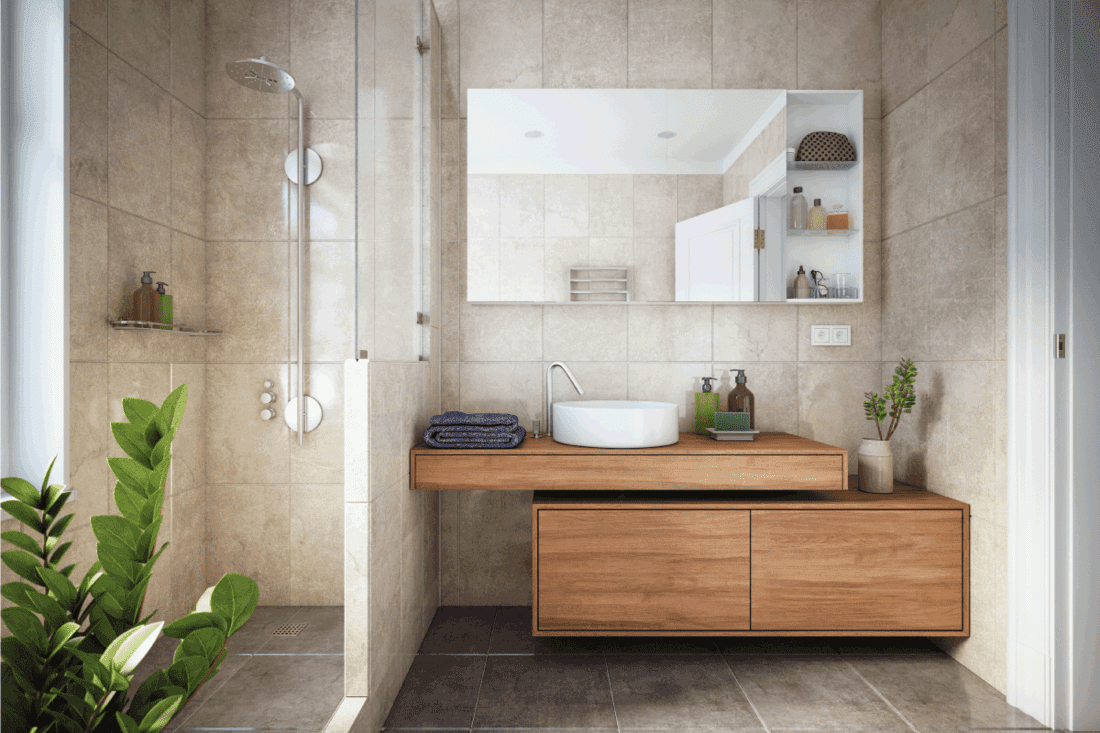 modern bathroom with gray tiles and wooden theme. How To Install A Shower Base On A Wooden Floor