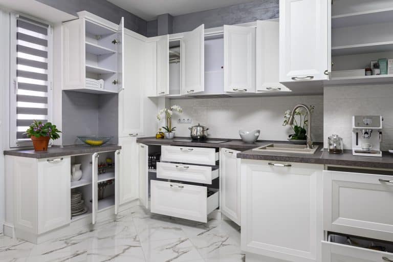 Elegant interior of a kitchen area with opened kitchen cabinets and white marble flooring, What Color Should You Paint The Inside Of Kitchen Cabinets?