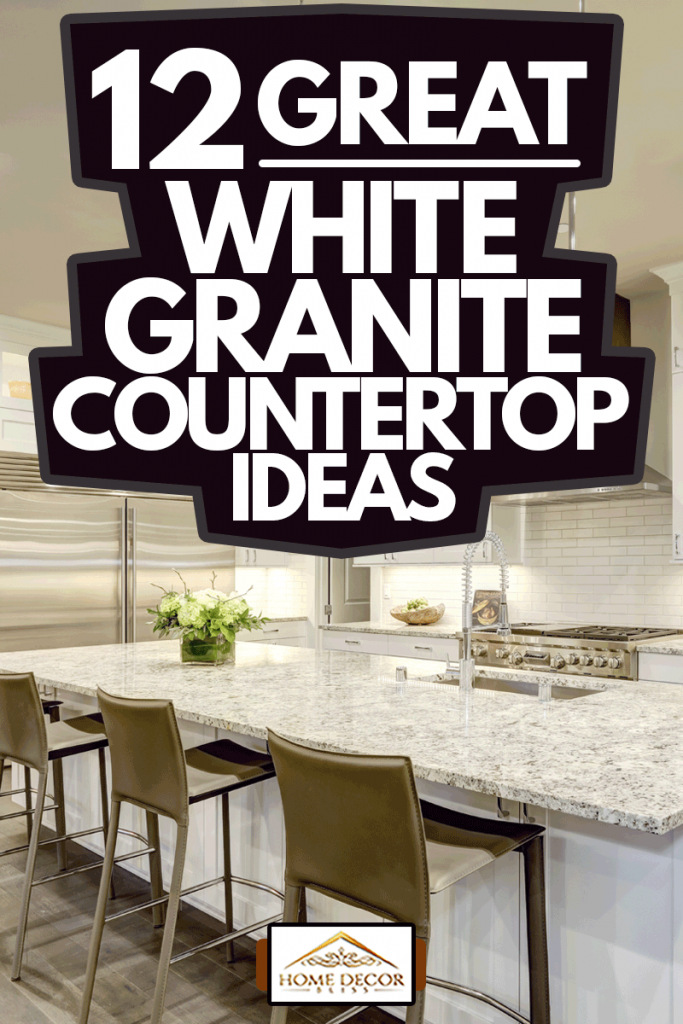White kitchen design features large bar style kitchen island with granite countertop illuminated by modern pendant lights, 12 Great White Granite Countertop Ideas