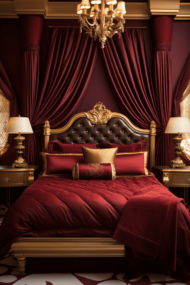 A hyperrealistic bedroom with opulent gold and burgundy decor fit for royalty. The gold and burgundy pillows and comforter exude regal luxury, creating a bedroom that feels like it's from a palace