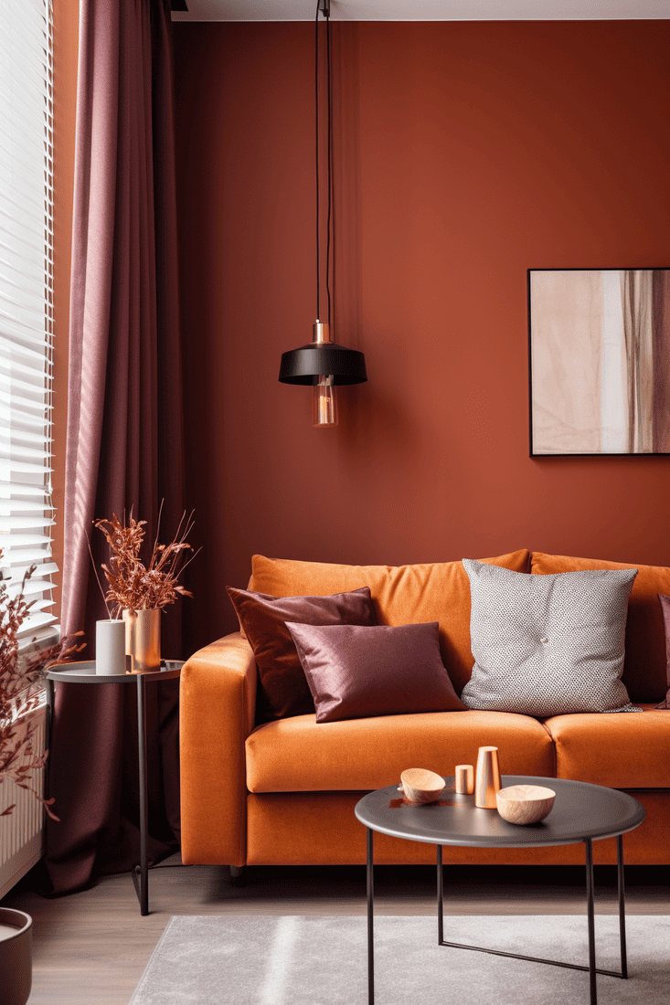 A hyperrealistic living room featuring a vibrant orange sofa and walls complemented by burgundy throw pillows and window coverings