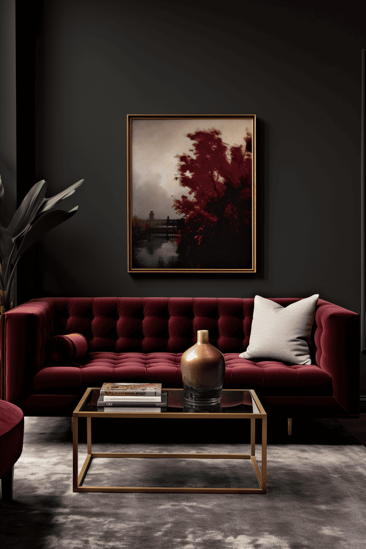 A hyperrealistic living room with dark grey walls and a burgundy sofa, showcasing the perfect blend of cool and warm tones