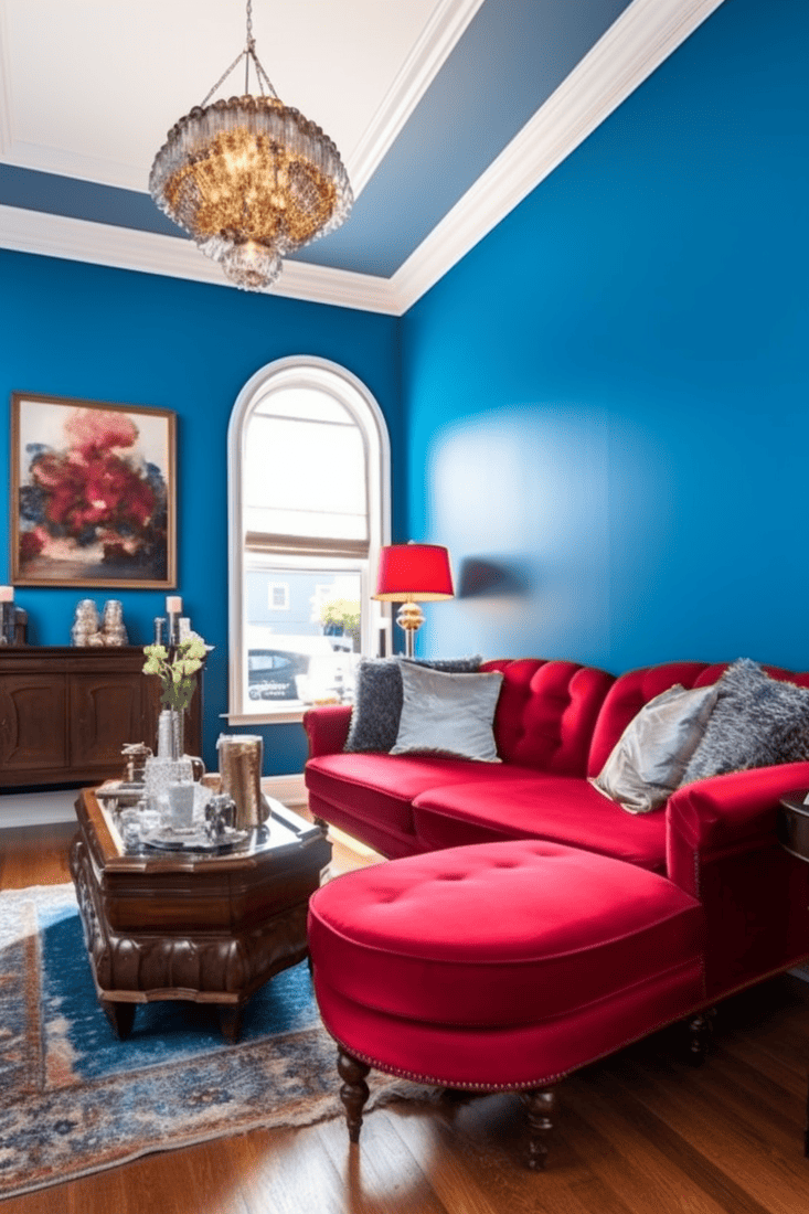 A hyperrealistic room with bright blue walls and burgundy furnishings that create a character-filled and elegant space bursting with charm