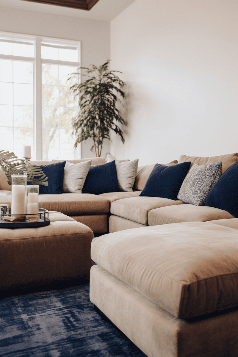 A photorealistic tan suede sectional in a living room with a blue-accented statement rug, ottoman, and throw pillow