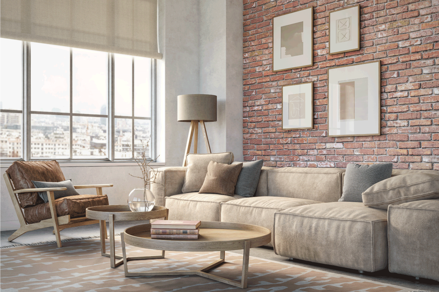 Bohemian living room interior with beige colored furniture and wooden elements and brick wall, rust colored bricks