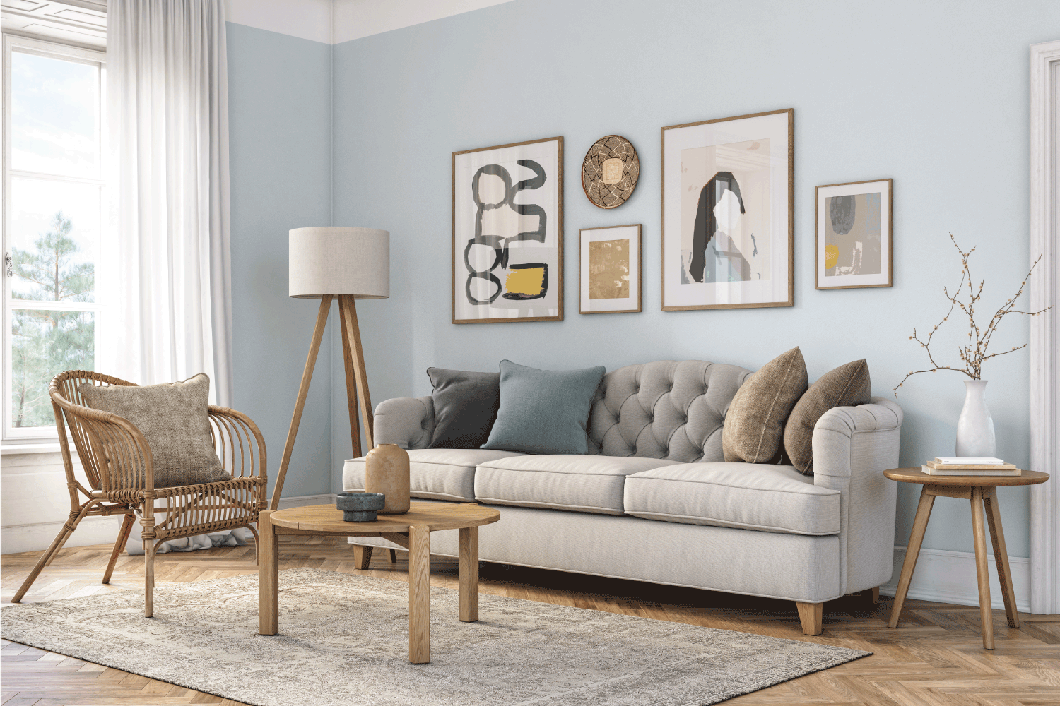 Bohemian living room interior with beige colored furniture and wooden elements and light blue colored wall
