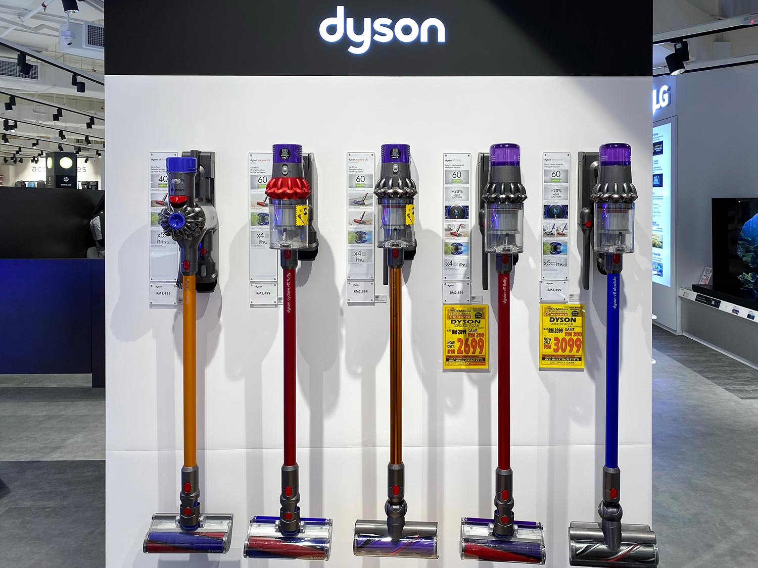 Dyson display all their high quality latest vacuum cleaner V8