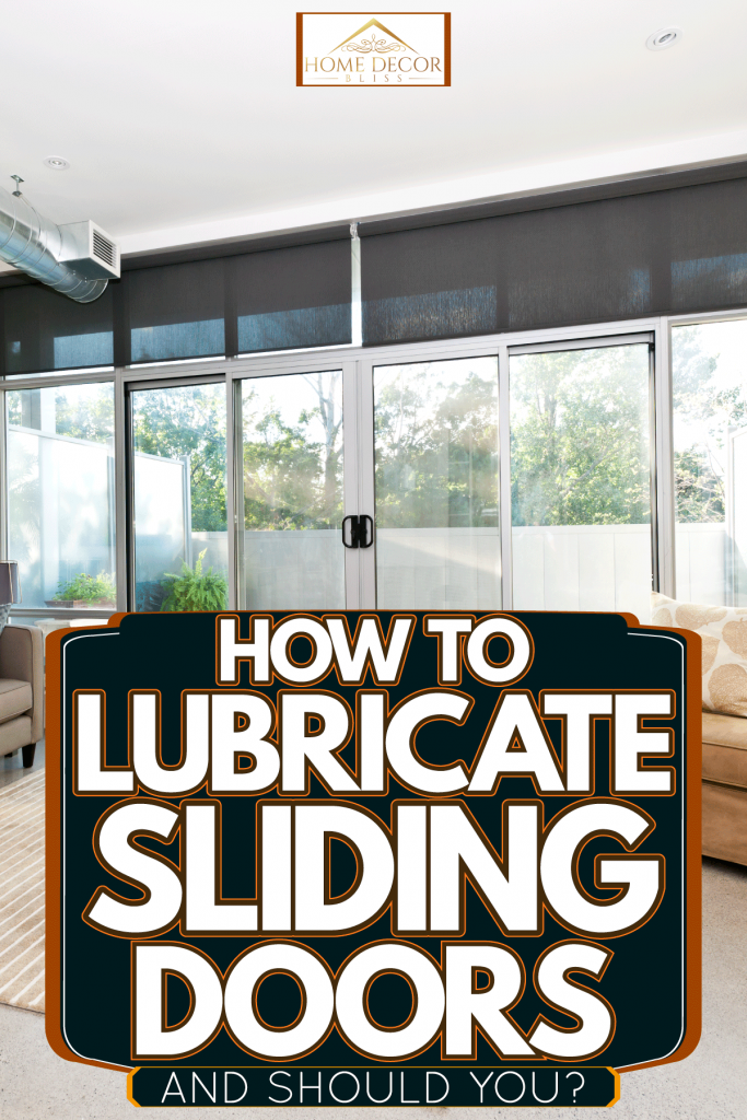 A huge contemporary living room with carpeted flooring, brown sofas, and a huge sliding door on the back, How To Lubricate Sliding Doors [And Should You?]