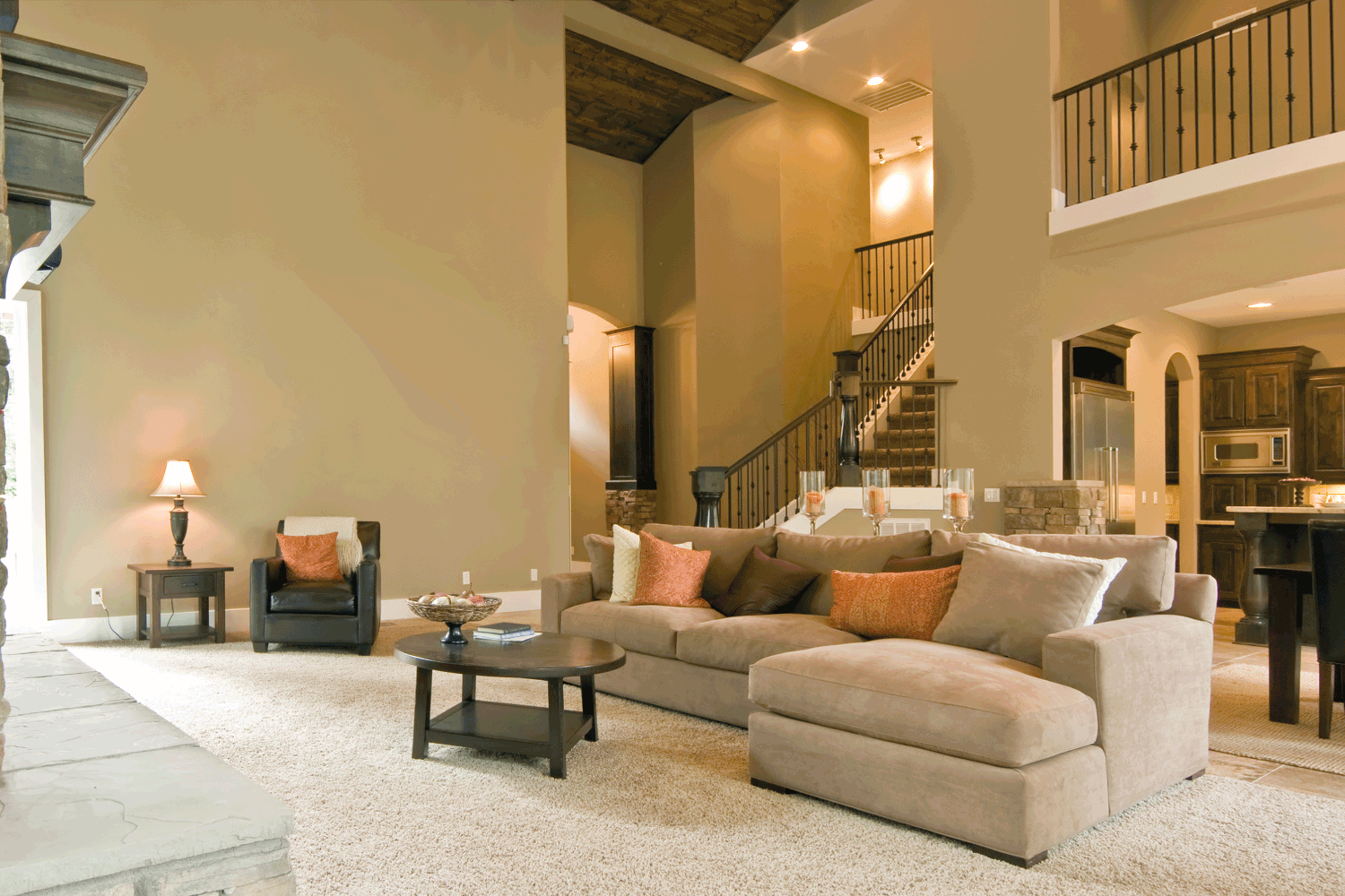 Living Room Panorama in Luxury Home, peach accents