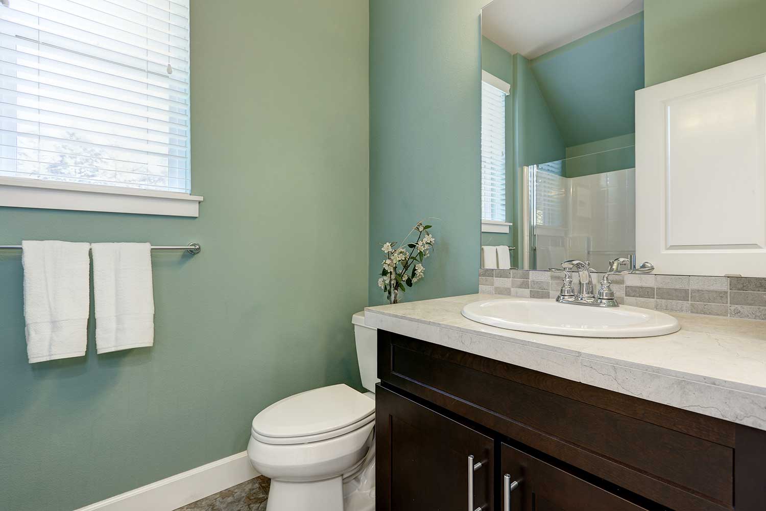Mint green half bathroom interior with vanity cabinet and a toilet