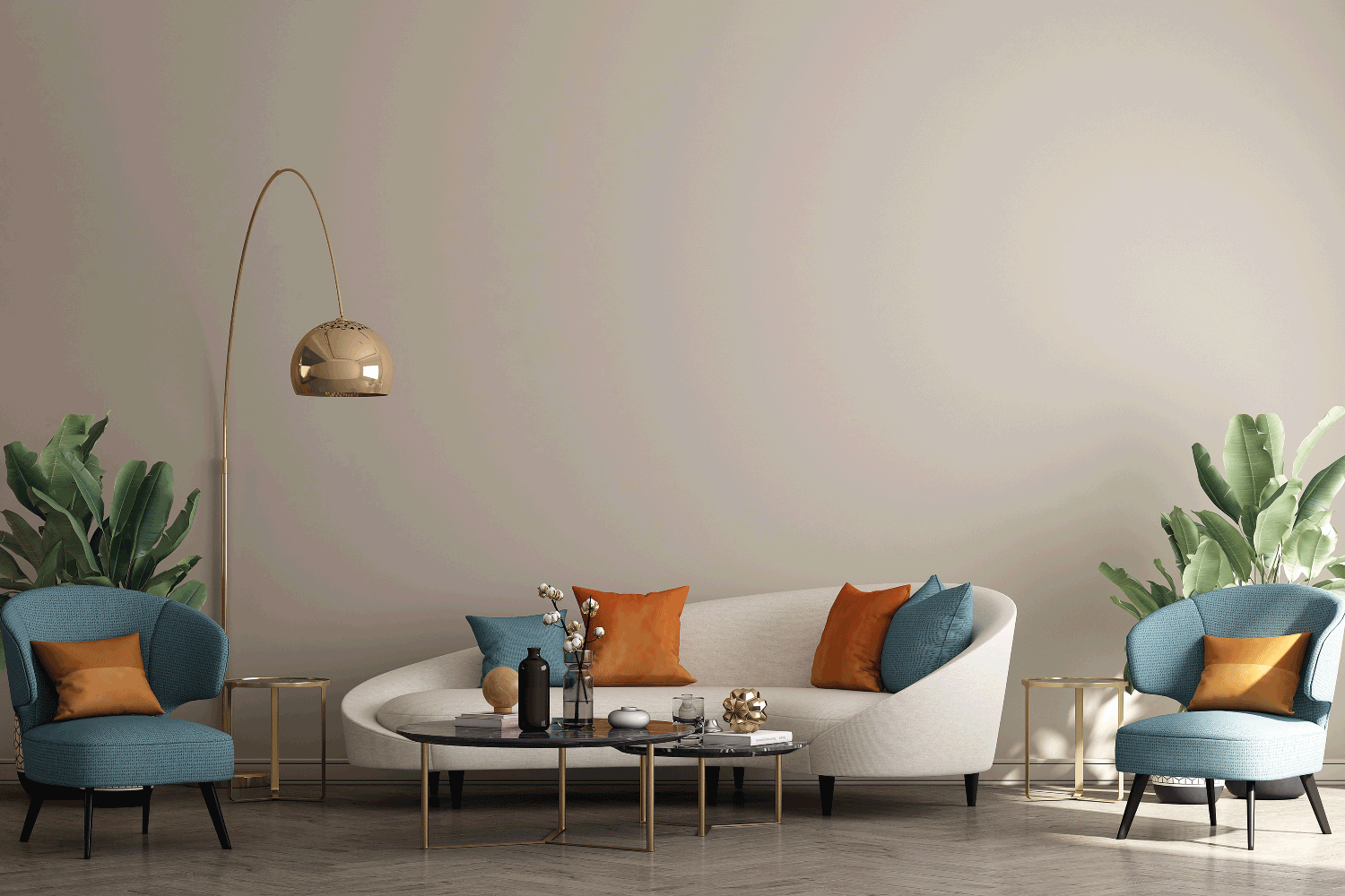Modern Boho living room interior style. Empty wall. robin's egg blue color accents