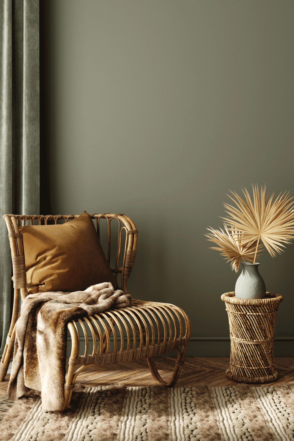 Modern dark green home interior with rattan furniture and dry palm leaves in vase. sage green accents