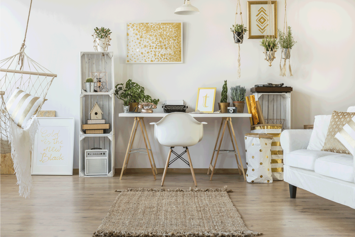 Multifunctional loft apartment with home office area, gold accents