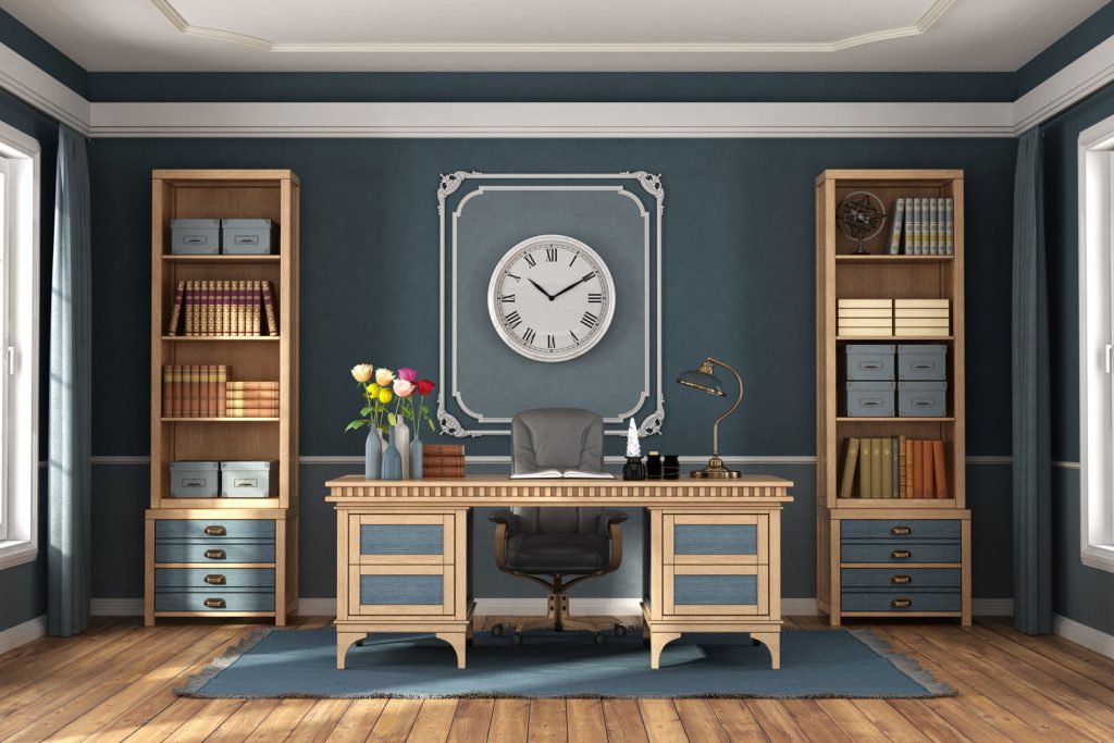 Rustic inspired study area with wooden flooring, blue painted walls, and wooden furniture's and table