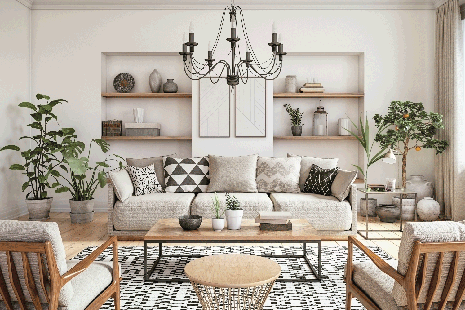 Scandinavian interior design living room with beige colored furniture, wooden elements, black accents