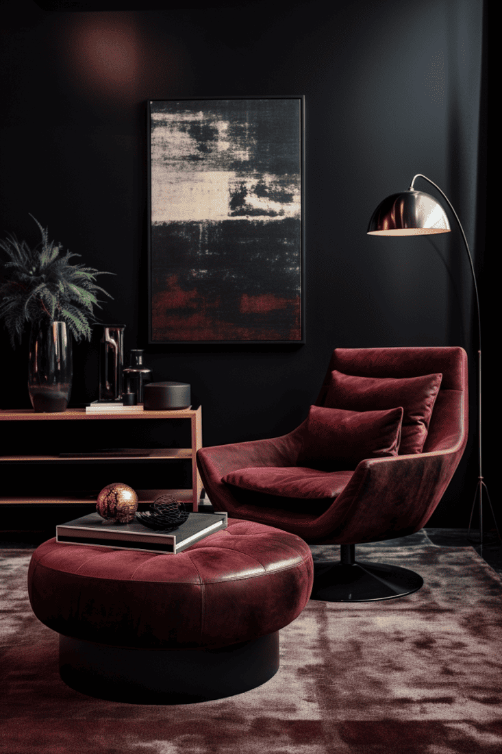 The black wall and the presence of the burgundy chair, ottoman, and lamp are perfectly balanced, creating a chic and modern atmosphere1