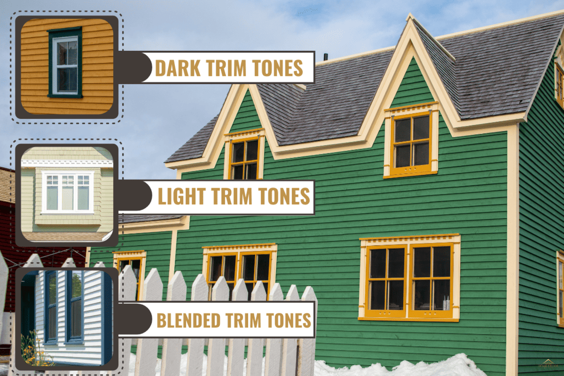 The exterior of a green cape cod clapboard horizontal wooden board style siding house with orange and cream trim windows and steep dormers. - Should Trim Be Darker Or Lighter Than Siding?
