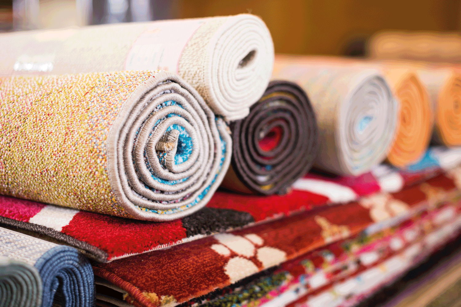 Traditional colorful carpets in carpet shop