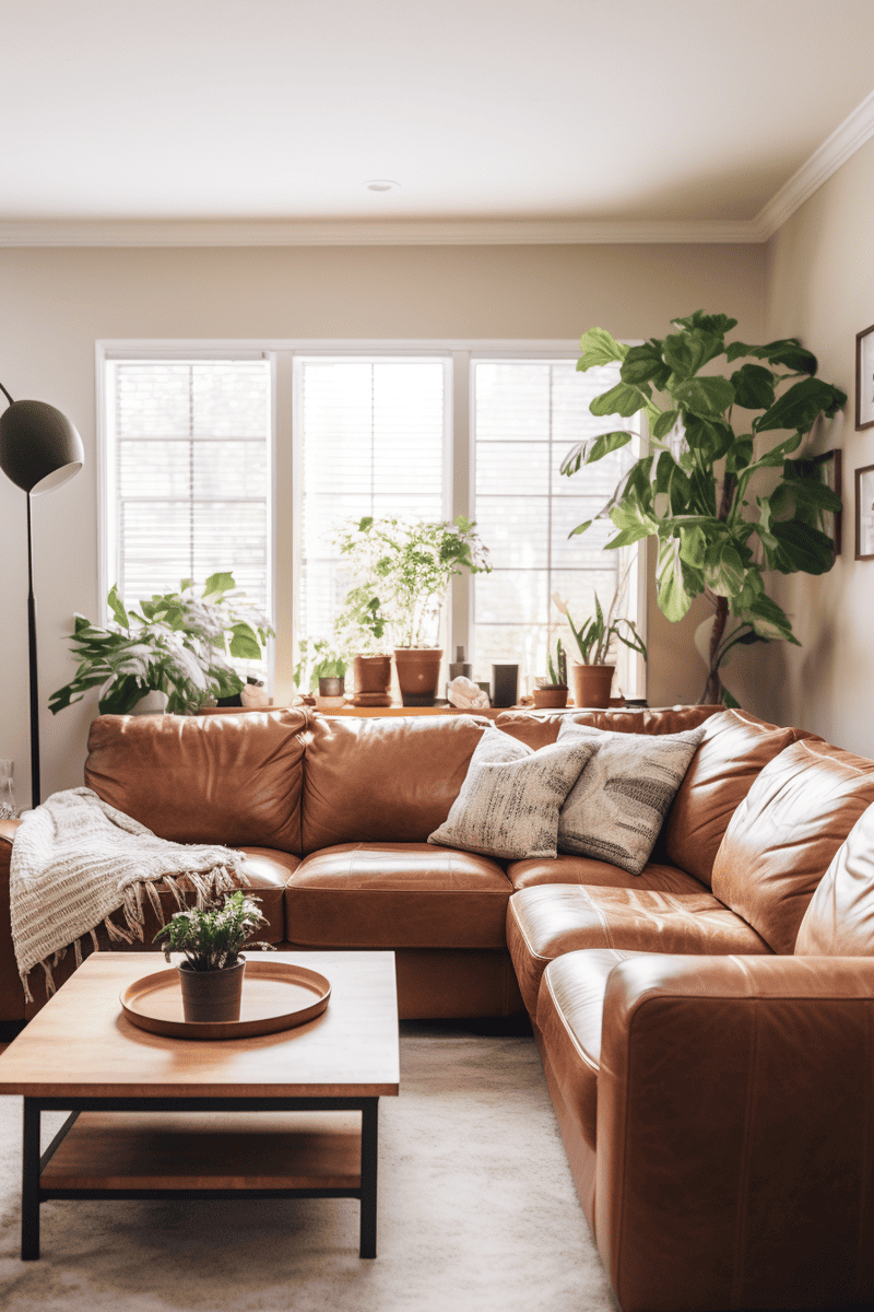 a cozy tan living room with a leather sectional and chair, along with houseplants for a homely feel
