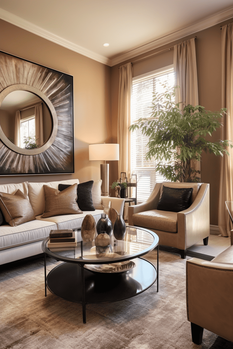 a cozy tan living room with large statement mirrors to reflect light and create a welcoming atmosphere