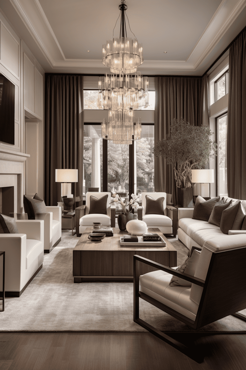 a high-glam tan living room with light seating and darker wood accents for contrast against the light tan walls