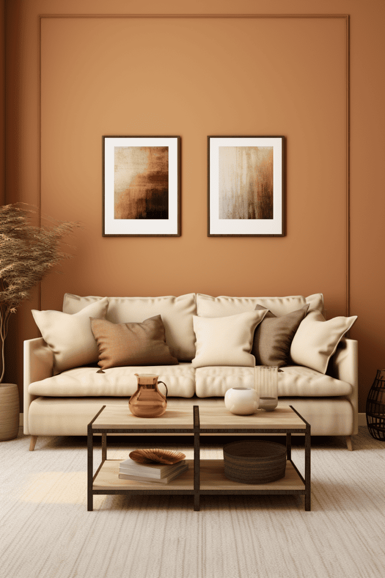 a hyperrealistic image of a tan living room with different shades of tan in the sofa, and accent pillows