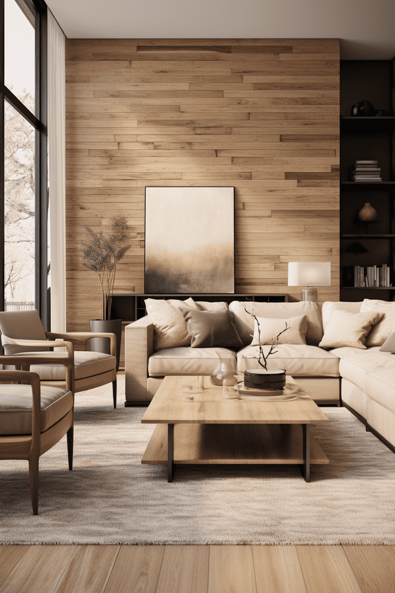 a hyperrealistic living space with various wood tones in a tan and wood-themed living room, featuring stacked rugs for added variety