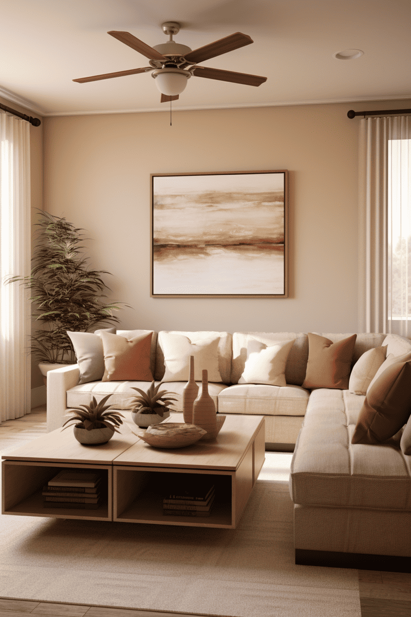 a photorealistic, modern tan living room with warm-toned accents for a welcoming atmosphere