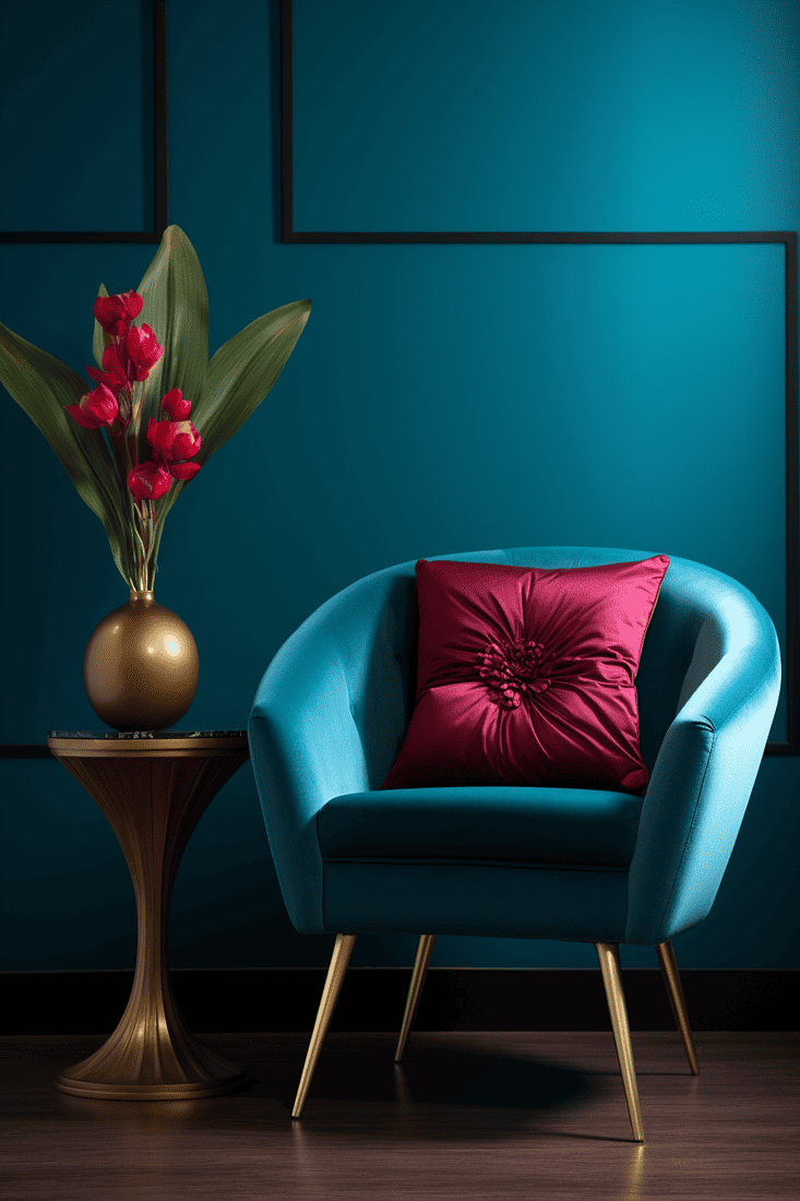 a photorealistic room featuring a bold teal chair with a striking burgundy throw pillow and flower accent, creating a daring and unique design.