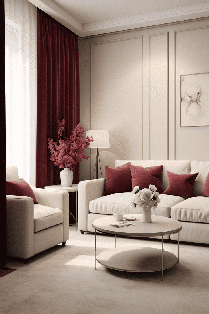 a photorealistic room with beige walls and tasteful burgundy curtains for a balanced and charming atmosphere.