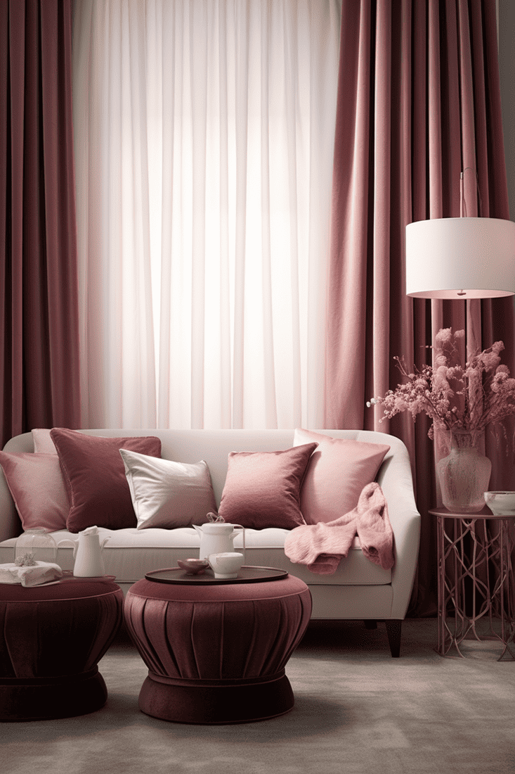 a photorealistic room with dusty pink drapes, throw pillow, and ottoman, creating a dreamy and romantic atmosphere alongside deep burgundy accents.
