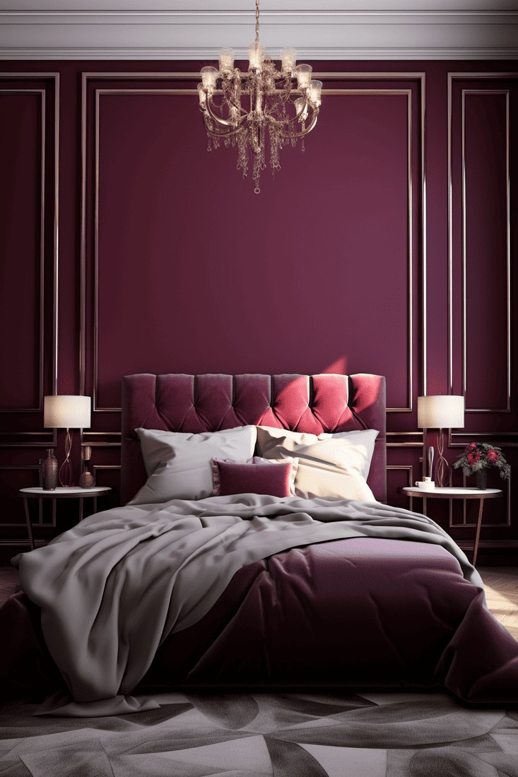 a photorealistic room with regal burgundy walls and a purple comforter for a dramatic and sophisticated look.
