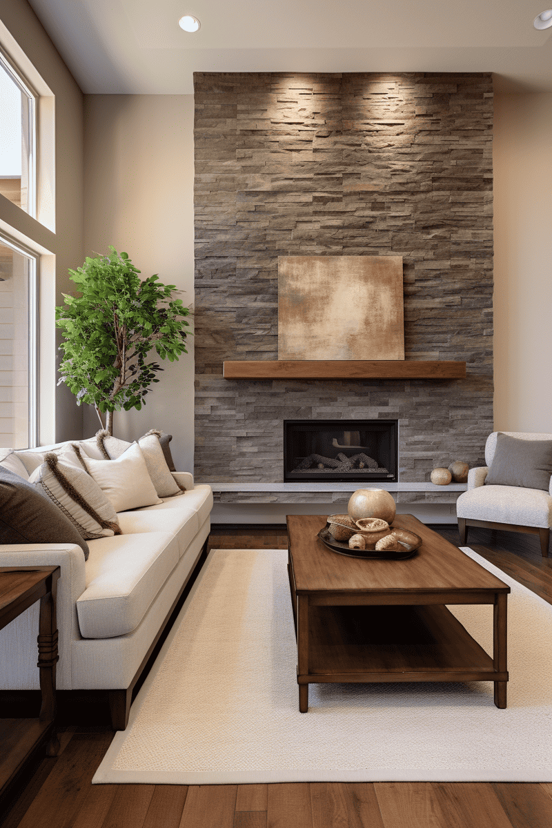 a photorealistic tan living room with natural elements, incorporating wood throughout and a lighter grey stone accent wall