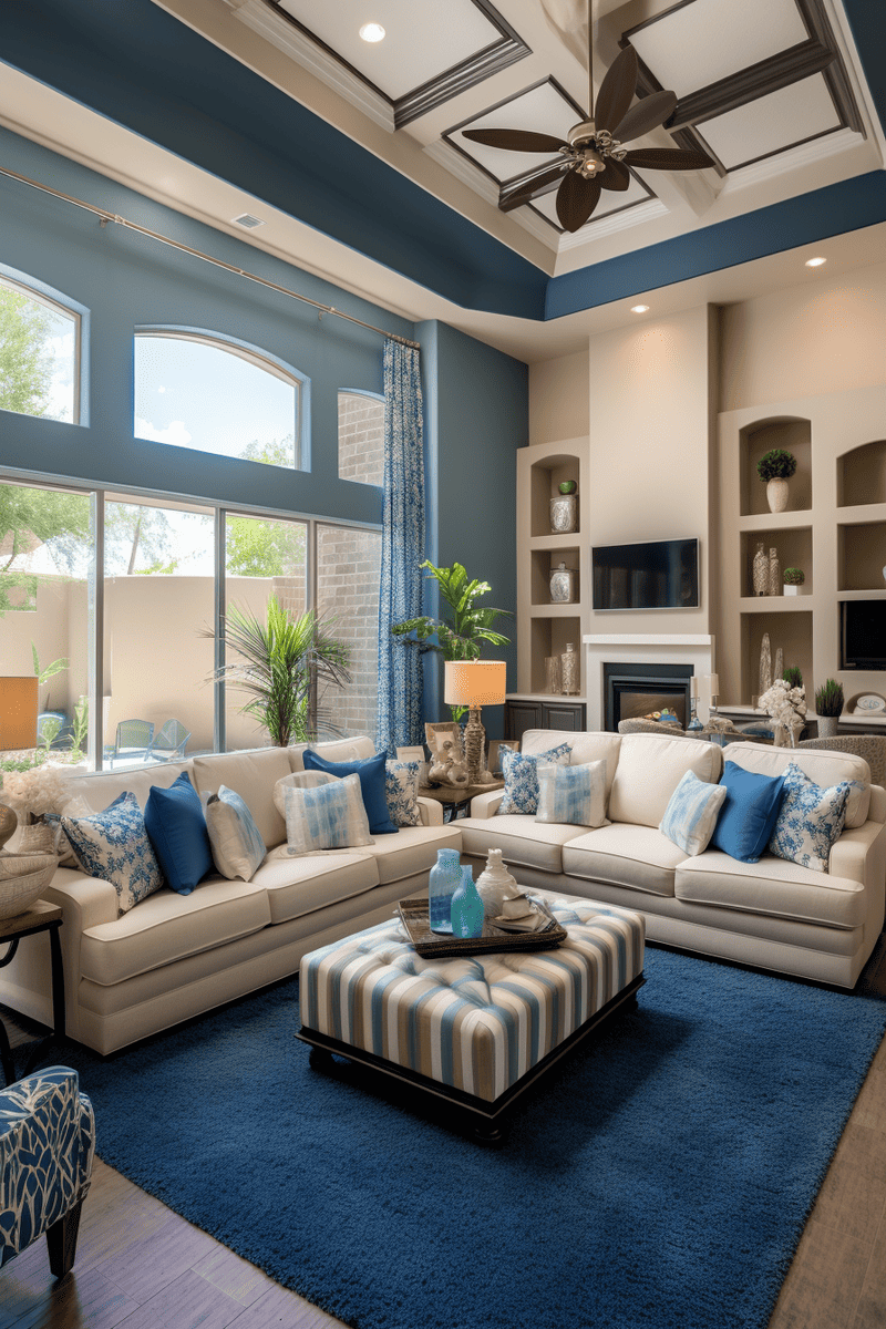 a stunning blue-accented tan living room with high ceilings and hints of blue throughout